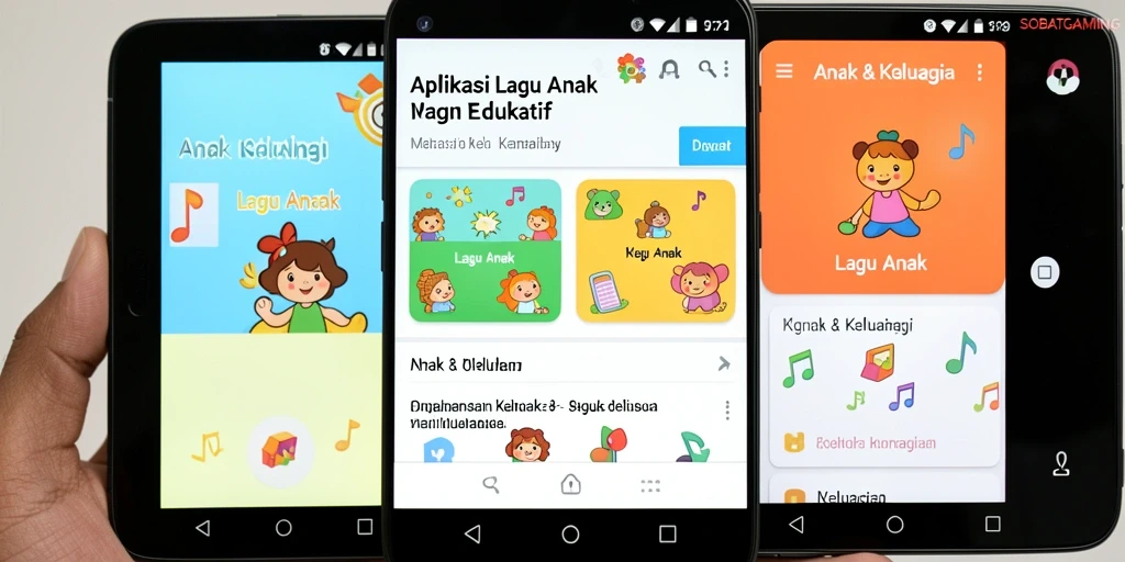 Antarmuka menarik aplikasi SOBATGAMING untuk Lagu Anak yang penuh warna.